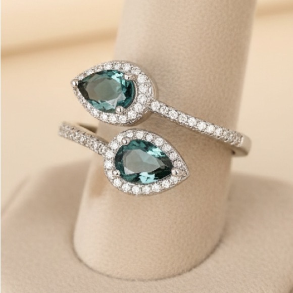 Jewelry - Teal Pear Halo Double-Teardrop Ring - Women's Silver Ring